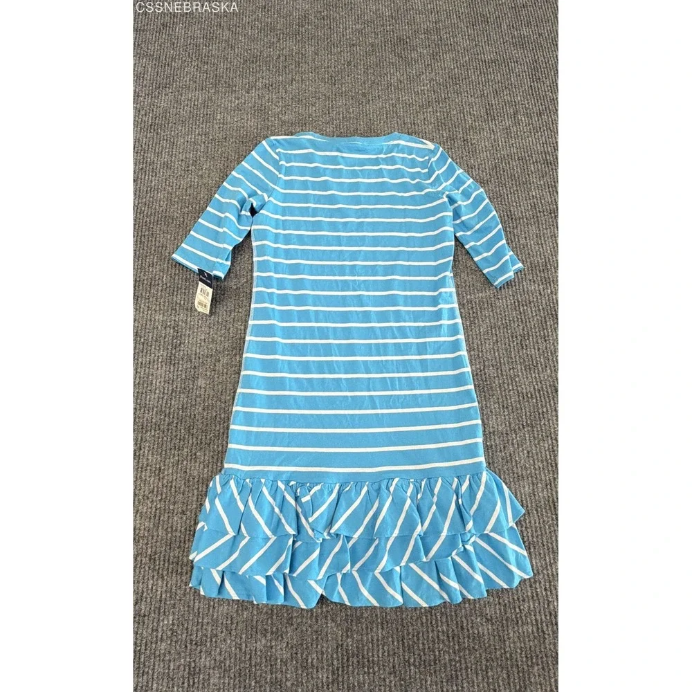 Ralph Lauren Girls Blue Striped Ruffle Hem Dress 3/4 Sleeve NWT Size L 12/14